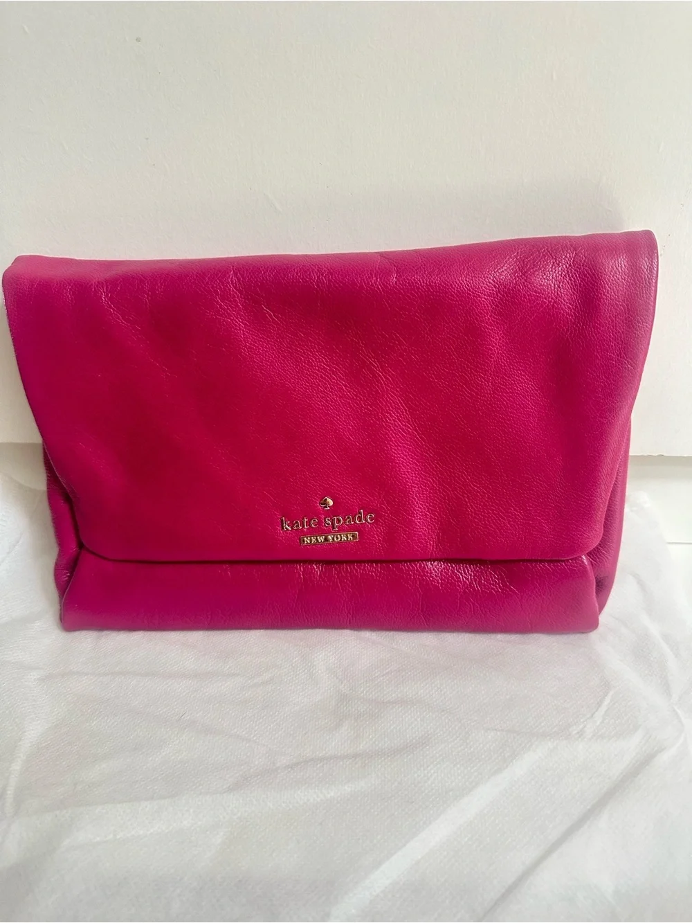 Authentic kate spade Magenta Leather Fold-Over Clutch with Gold Logo